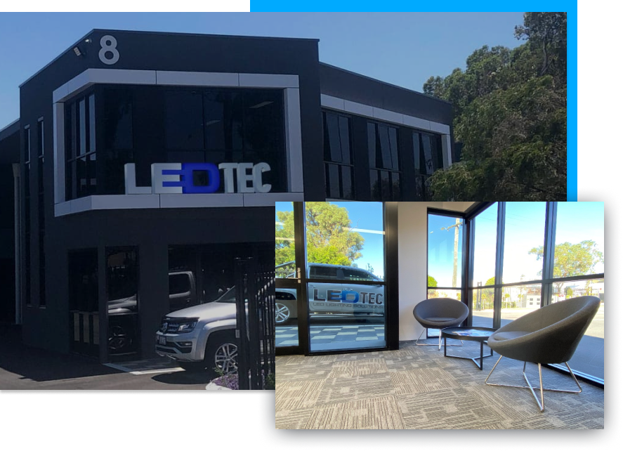 LED TEC offices, showing the outside of the office with LED TEC signage. and inside offices reception area